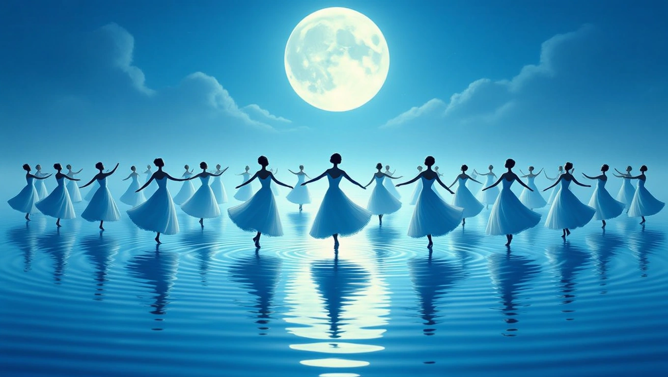 Mit jelent szőkével álmodni? – Részletes álomfejtés és értelmezés Több szőke hajú táncos körben áll, fehér ruhában, holdfényben.