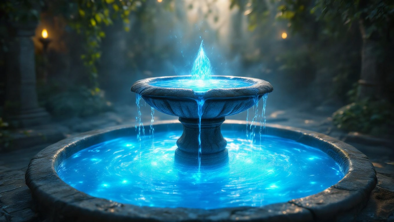 Mit jelent szökőkúttal álmodni? – Részletes álomfejtés és értelmezés Egy szökőkút, amelyből kék víz csordogál, zöld növények között.