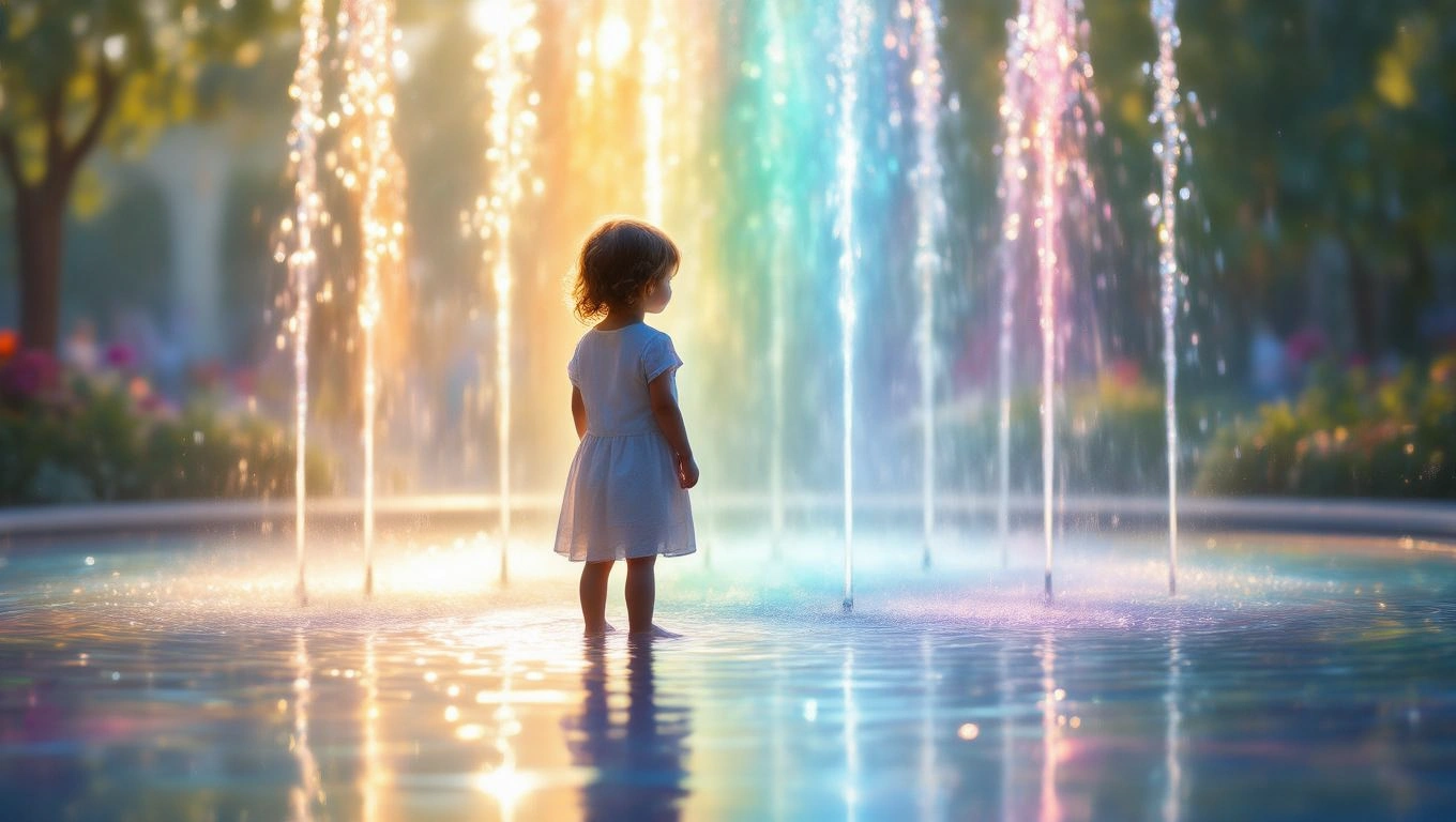 Mit jelent szökőkúttal álmodni? – Részletes álomfejtés és értelmezés Egy kisgyermek áll egy szökőkút előtt, színes vízsugarak között.
