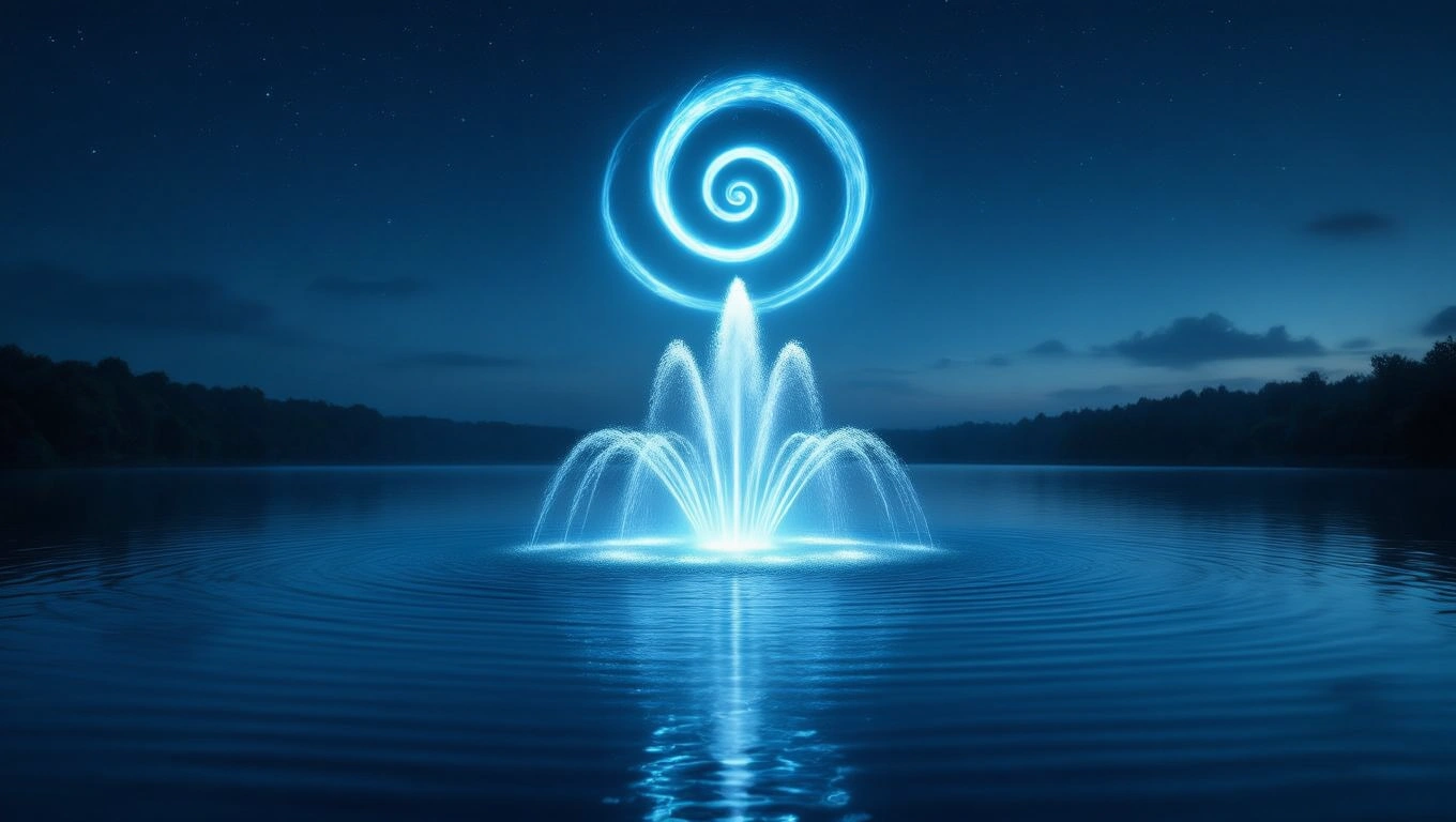 Mit jelent szökőkúttal álmodni? – Részletes álomfejtés és értelmezés Egy szökőkút világít a sötét víz tükrén, spirális vízsugarakkal.