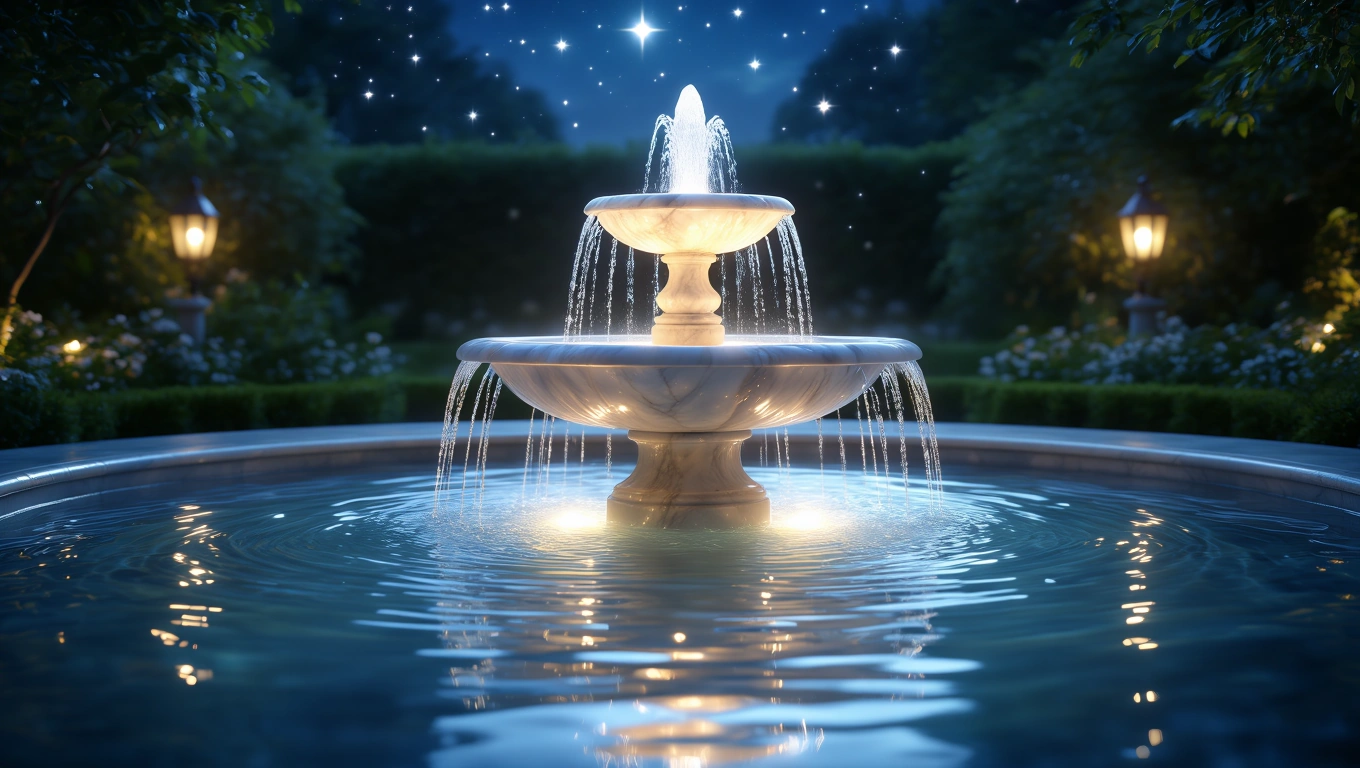 Mit jelent szökőkúttal álmodni? – Részletes álomfejtés és értelmezés Egy gyönyörű szökőkút, amelyből víz csordogál, csillagos ég alatt.