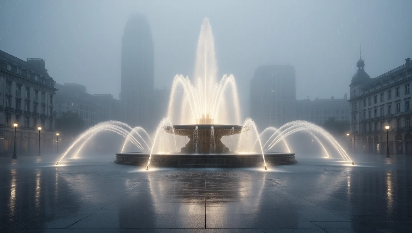 Mit jelent szökőkúttal álmodni? – Részletes álomfejtés és értelmezés Egy szökőkút vízsugarai világítanak a ködös városi tájban.