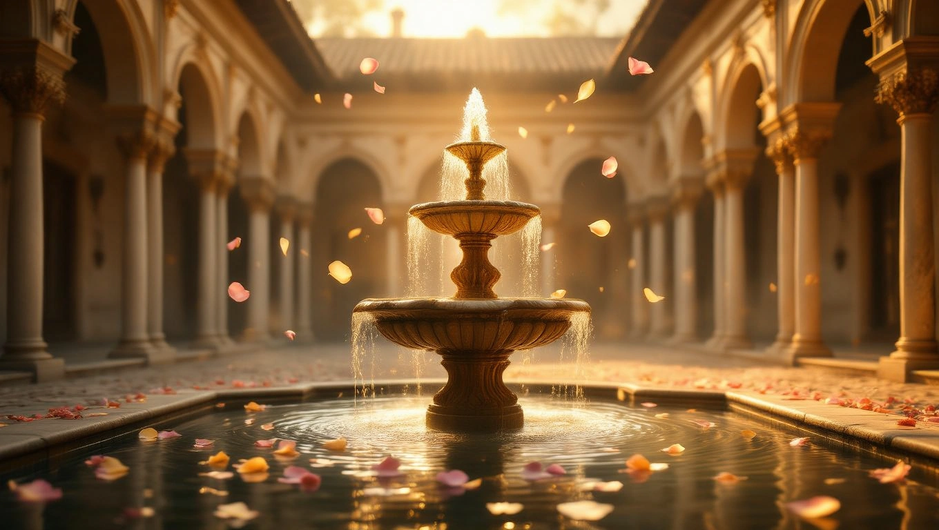 Mit jelent szökőkúttal álmodni? – Részletes álomfejtés és értelmezés Egy gyönyörű szökőkút virágpetalákkal díszítve, napfényben ragyogva.