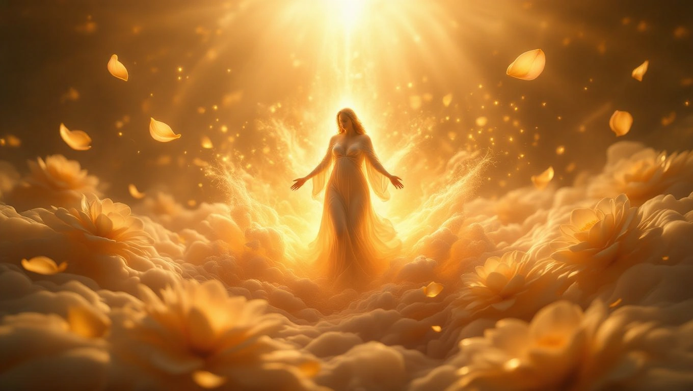 Mit jelent szüléssel álmodni? – Részletes álomfejtés és értelmezés Egy női alak áll a felhők között, arany fényben, virágokkal körülvéve.
