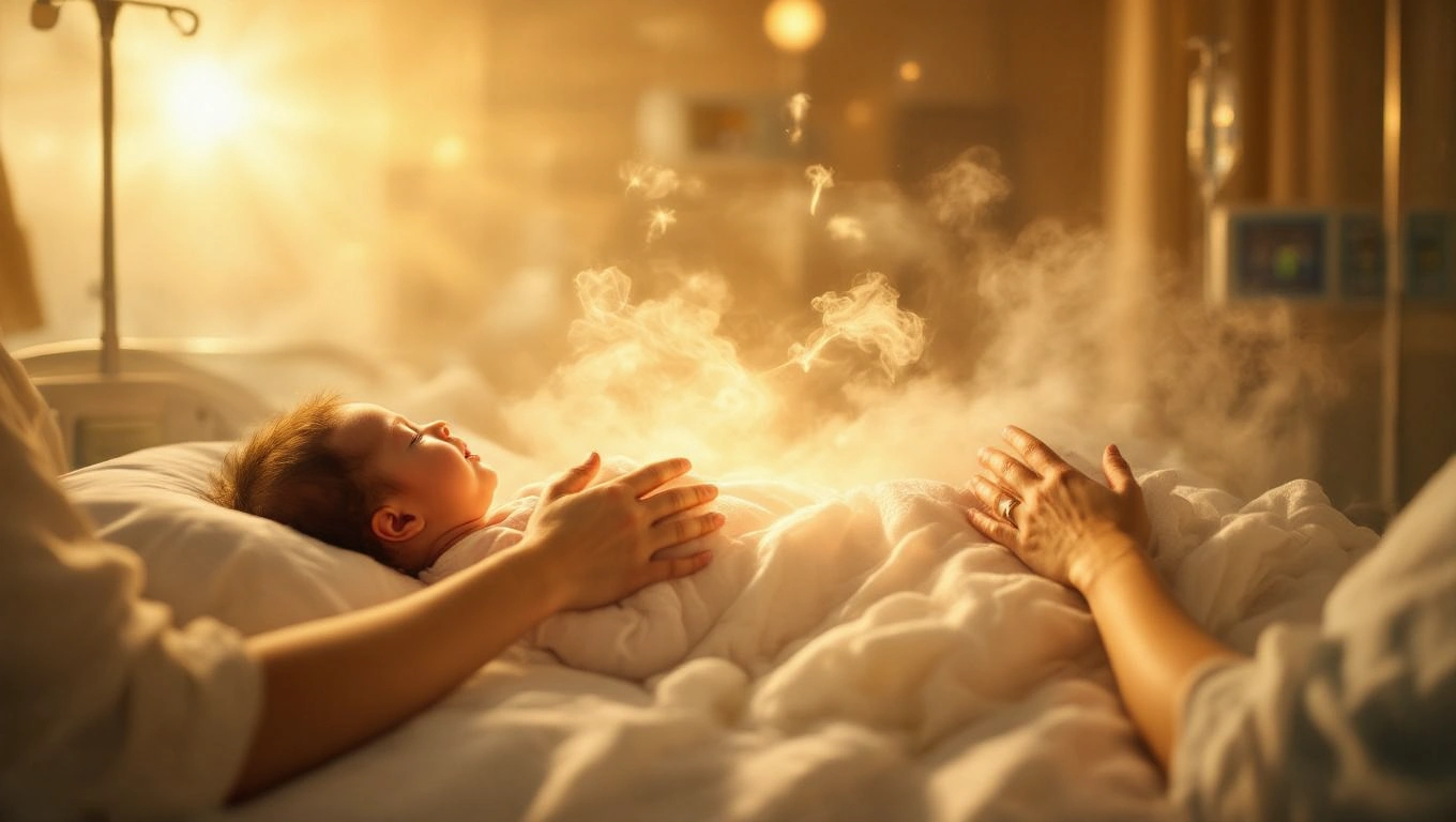 Mit jelent szüléssel álmodni? – Részletes álomfejtés és értelmezés Újszülött baba fekszik az ágyon, körülötte lágy fény és gőz.