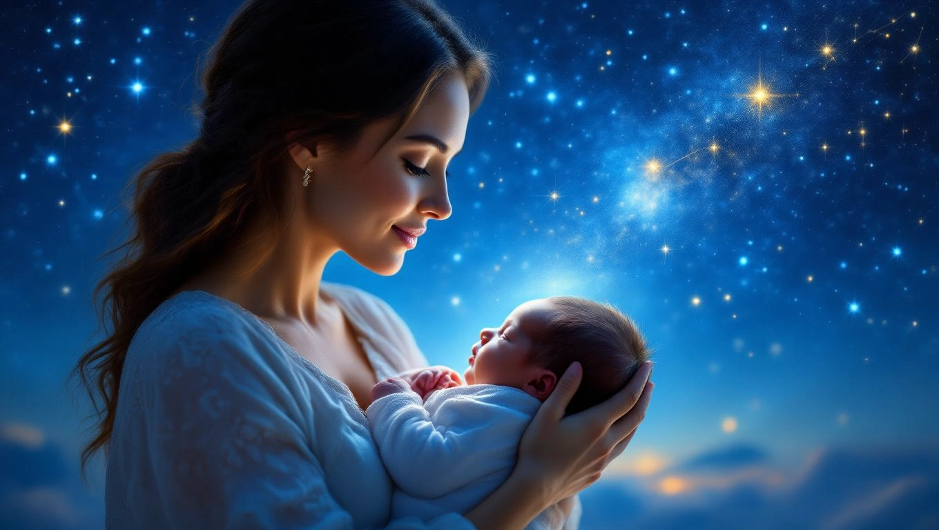 Mit jelent szüléssel álmodni? – Részletes álomfejtés és értelmezés Egy nő boldogan tart a karjában egy újszülöttet, csillagos ég alatt.