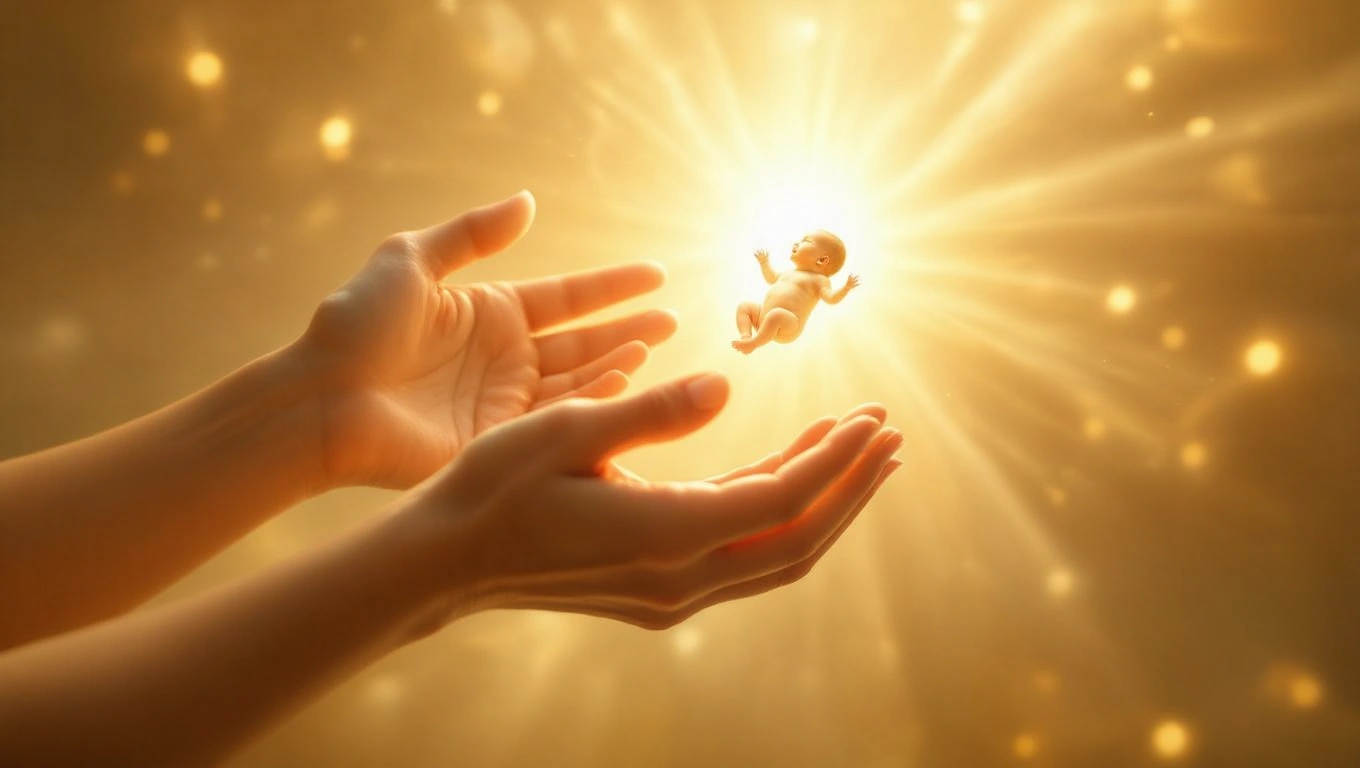 Mit jelent szüléssel álmodni? – Részletes álomfejtés és értelmezés Két kéz tart egy újszülött babát, arany fényben ragyogva.
