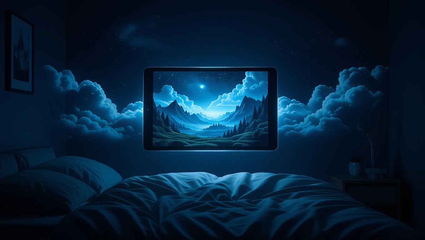 Mit jelent tabletről álmodni? - Teljes álomfejtés Egy tablet képernyőjén gyönyörű hegyvidéki táj látható, sötét szobában.