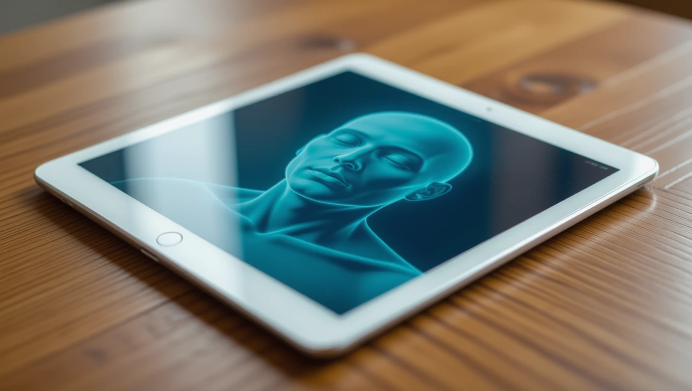 Egy tablet, amelyen egy álmodó ember képe látható, fémes kék színben.