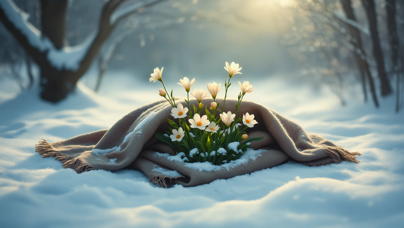 Takaró alatt virágok bújnak meg a hóban, téli tájban.