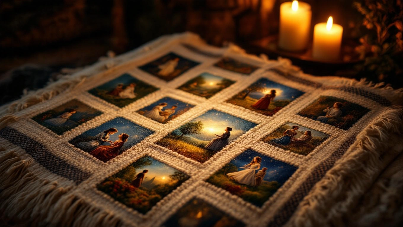 Egy takaró, amelyen különböző festmények láthatók, gyertyafénynél.