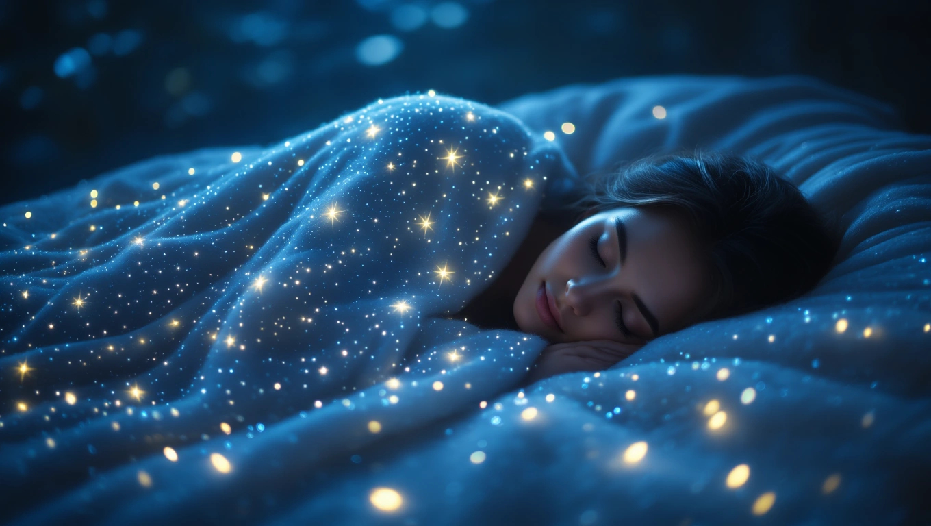Egy fiatal nő álmodik, takaró alatt csillagokkal díszítve.