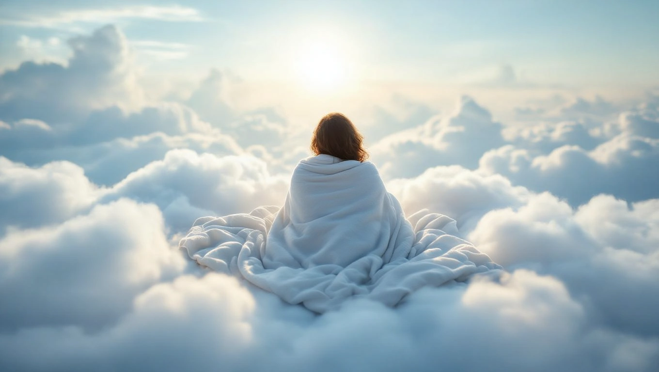 Egy ember ül egy fehér takaróval a felhők között, napfényben.