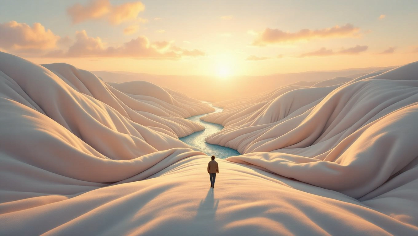 Egy ember áll egy takaró formájú tájban, a naplemente fényében.