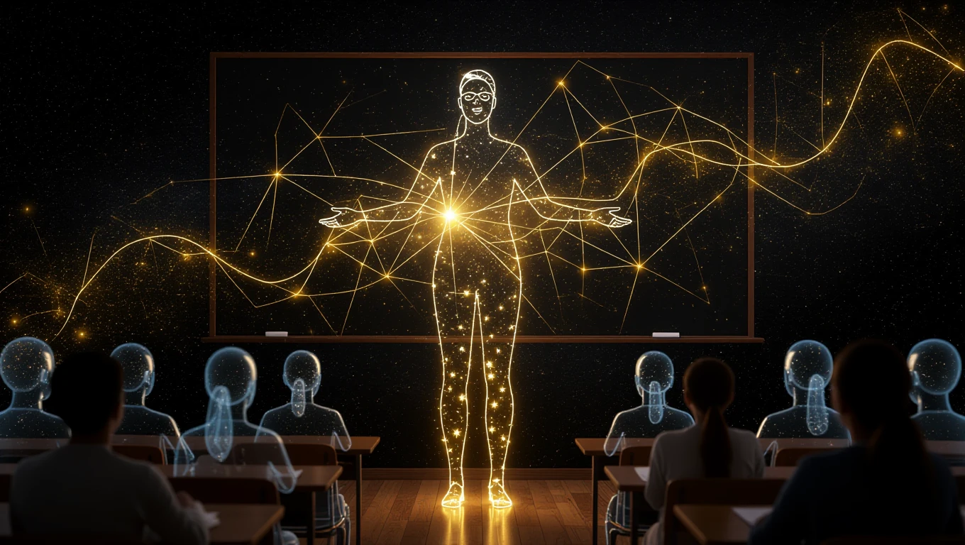 Mit jelent tanítással álmodni? – Részletes álomfejtés és értelmezés Egy tanár holografikus alakja, aki tudást ad át diákoknak az osztályteremben.