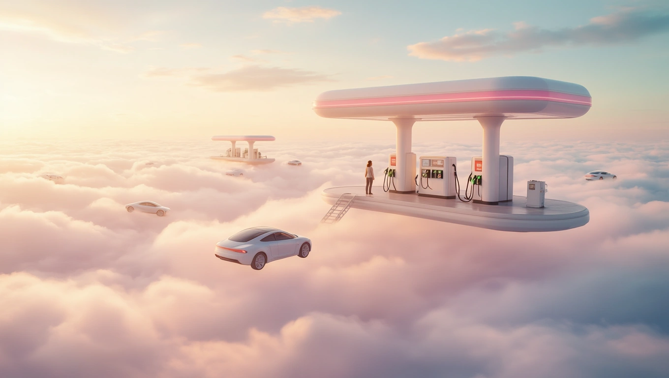 Mit jelent tankolásról álmodni? – Részletes álomfejtés és értelmezés Egy tankoló állomás lebeg a felhők felett, autók körülötte.