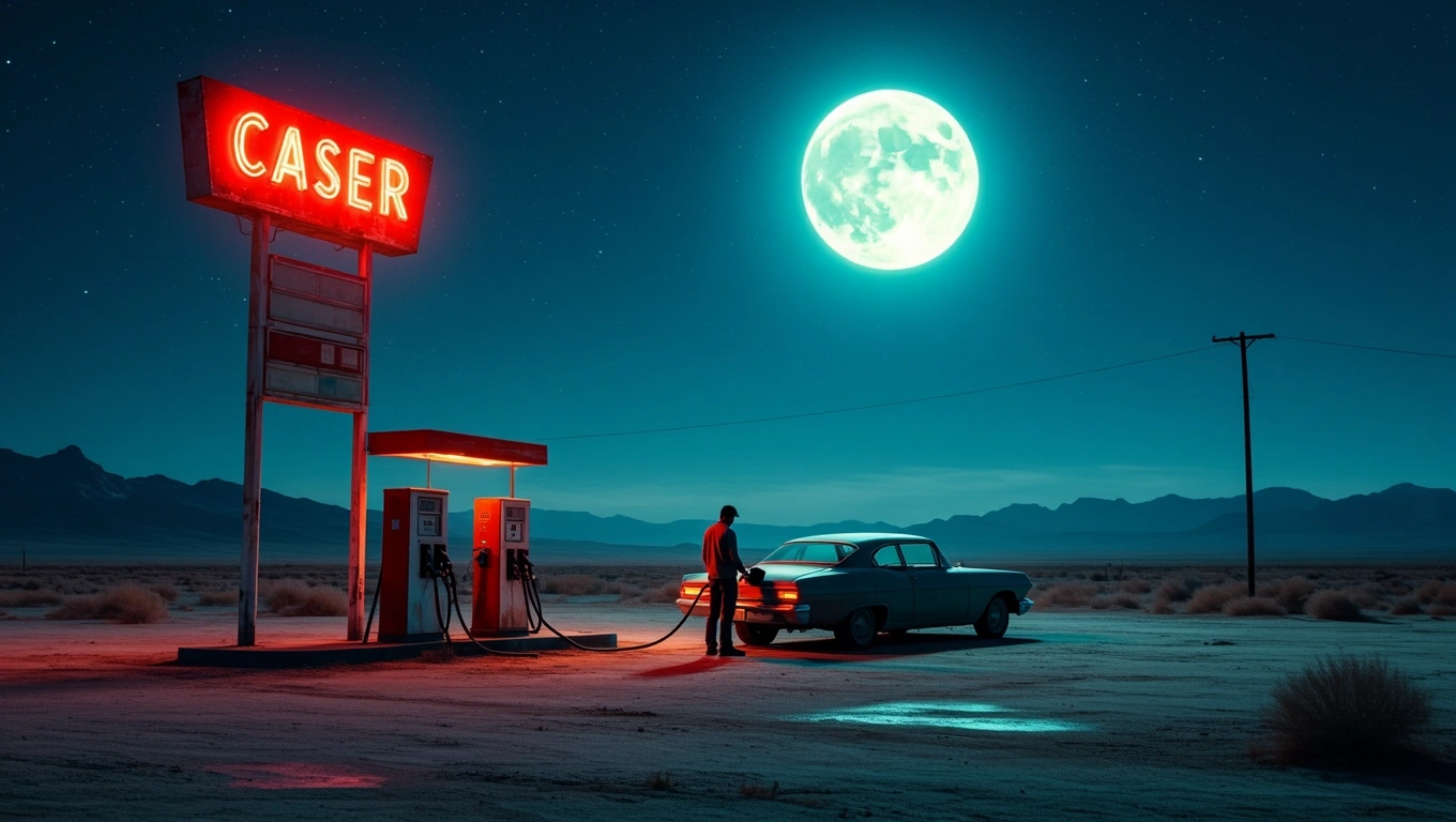 Mit jelent tankolásról álmodni? – Részletes álomfejtés és értelmezés Egy férfi tankol egy régi autót egy elhagyatott benzinkútnál, telihold világítja meg az éjszakát.