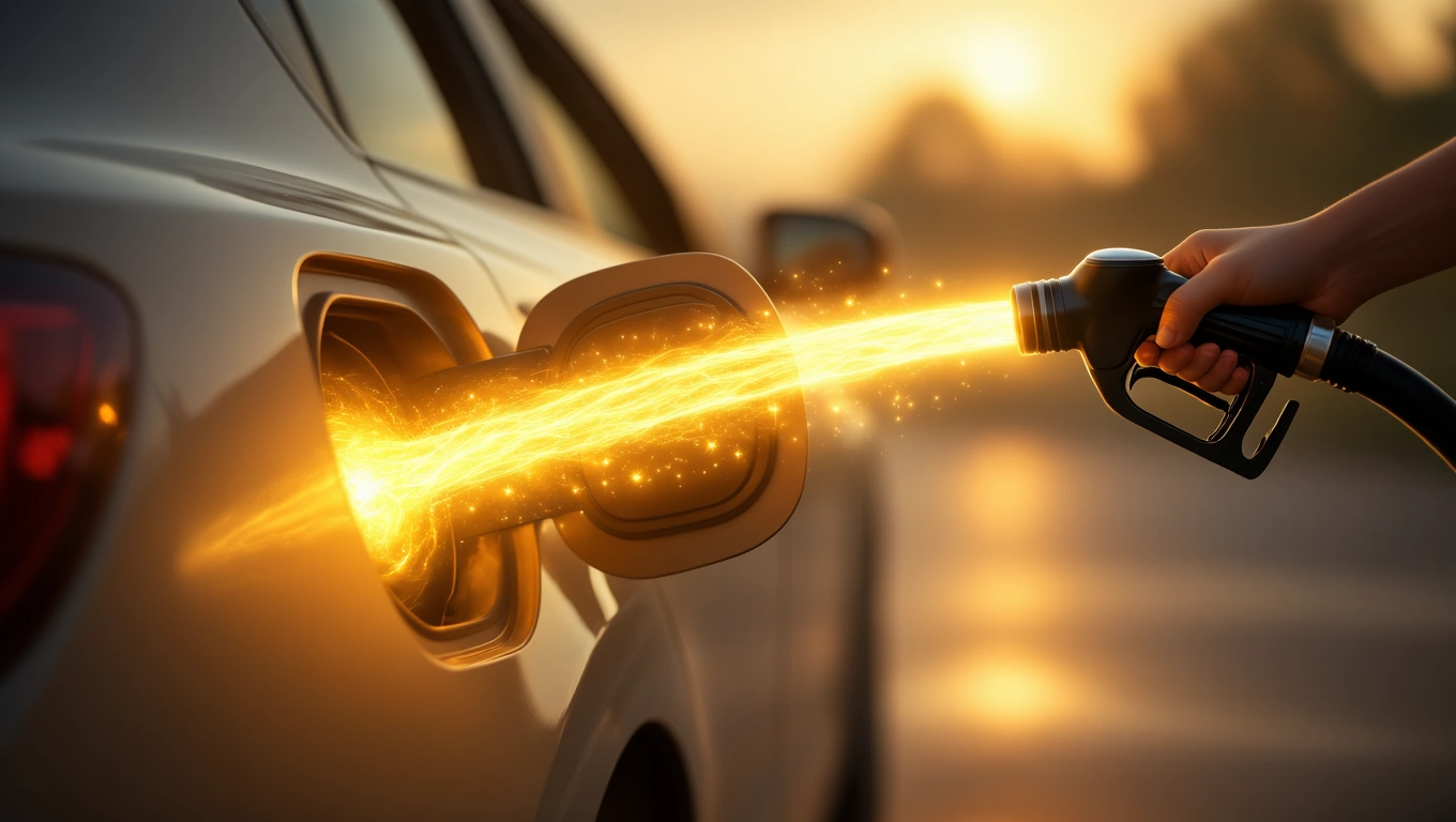 Mit jelent tankolásról álmodni? – Részletes álomfejtés és értelmezés Egy autó tankolása, a benzin sugárban áramlik a tankba, naplementében.