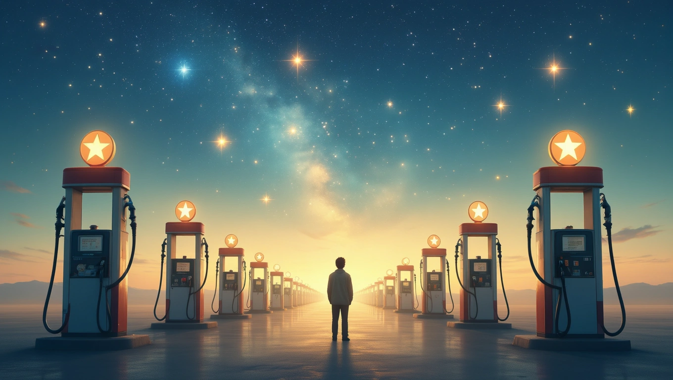 Mit jelent tankolásról álmodni? – Részletes álomfejtés és értelmezés Egy ember áll egy tankoló állomás előtt, csillagos ég alatt.