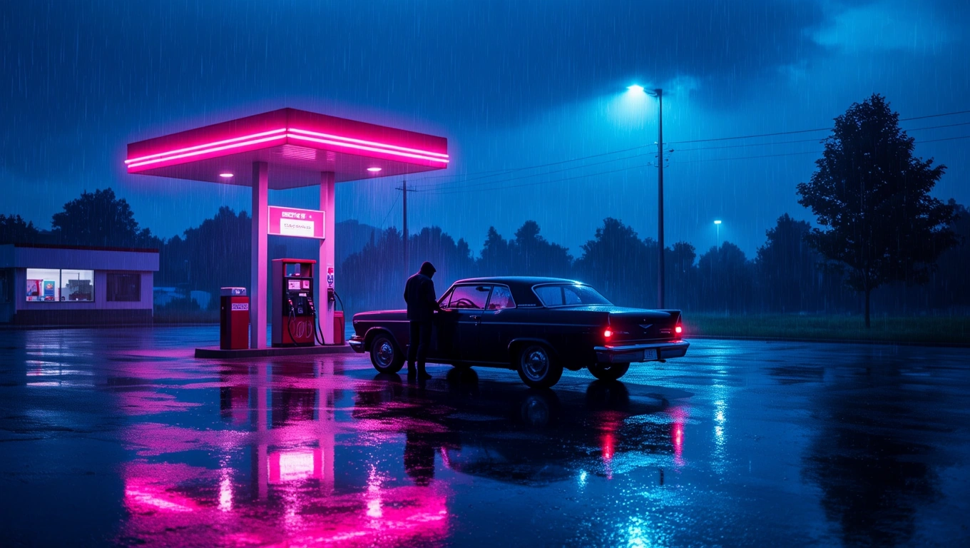 Mit jelent tankolásról álmodni? – Részletes álomfejtés és értelmezés Egy sötét, esős éjszakán tankoló autó, neon fények világítanak.