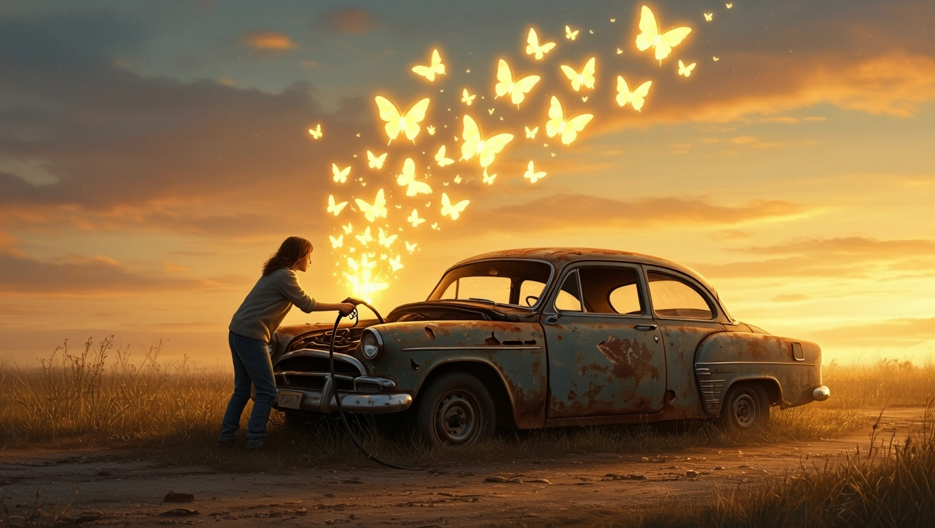 Mit jelent tankolásról álmodni? – Részletes álomfejtés és értelmezés Egy nő tankolja az öreg autót, miközben pillangók repkednek a háttérben.