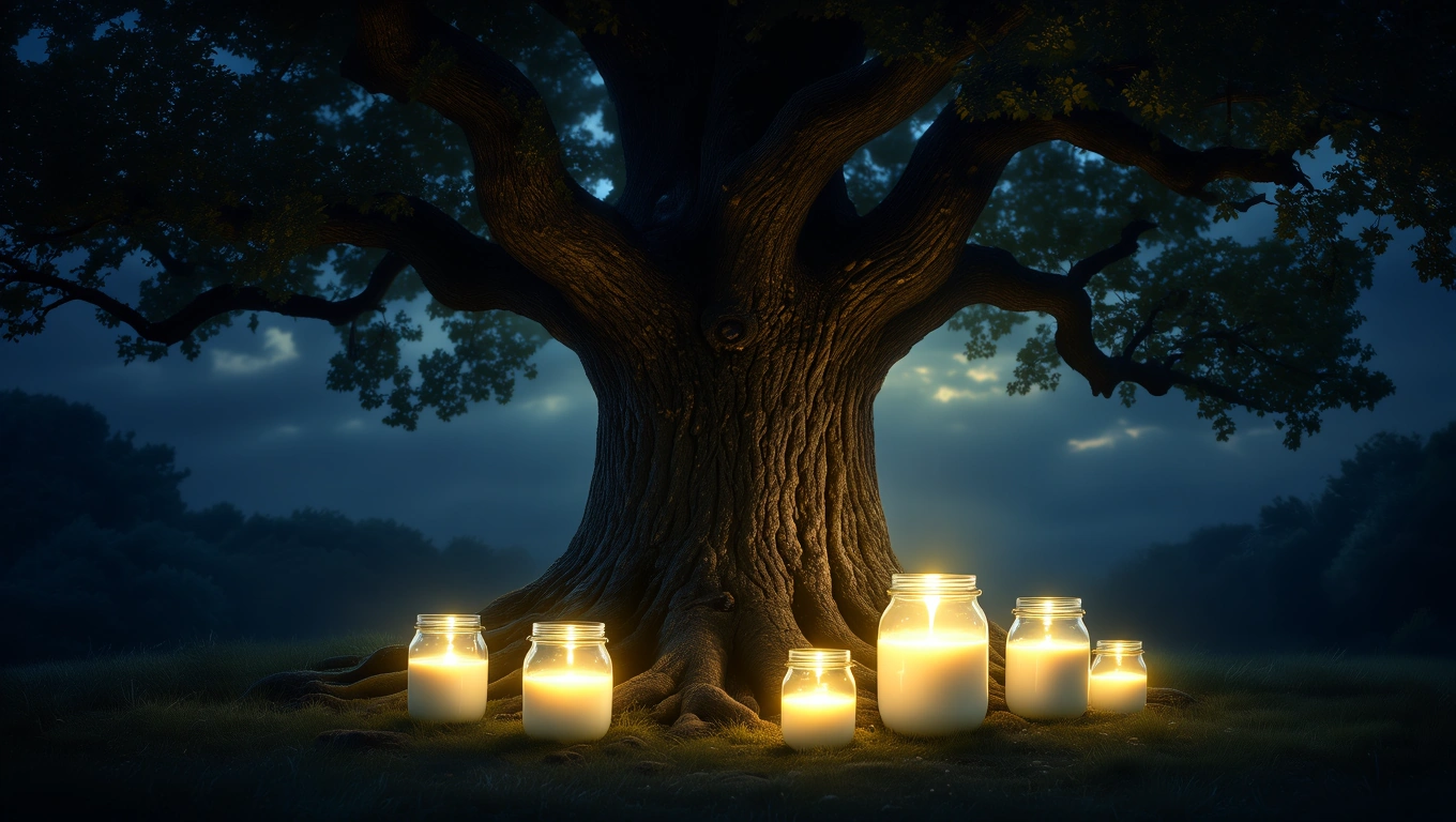 Mit jelent tejről álmodni? – Részletes álomfejtés és értelmezés Egy hatalmas fa alatt üvegedényekben világító tej található, misztikus éjszakai környezetben.