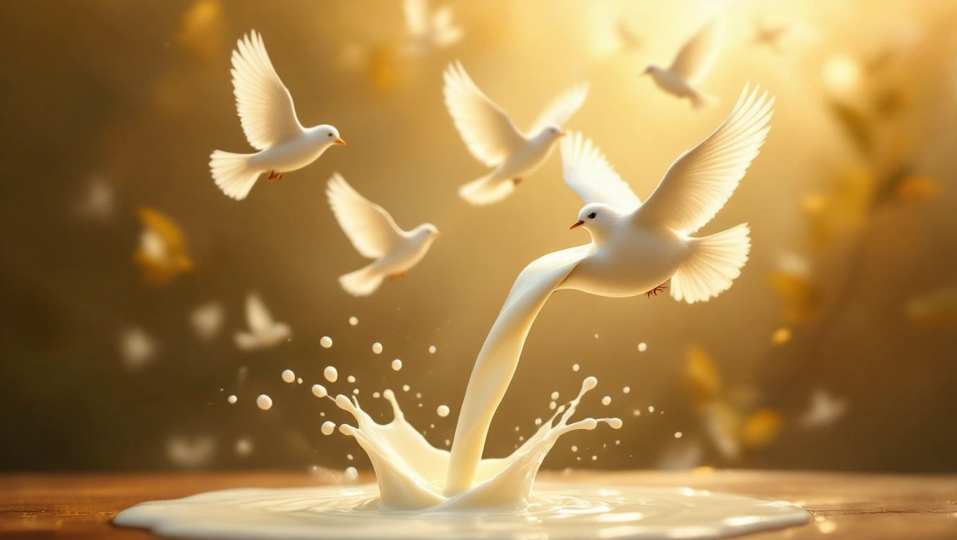 Mit jelent tejről álmodni? – Részletes álomfejtés és értelmezés Fehér galambok repülnek, miközben tej ömlik egy tálba, szimbolikus kép.