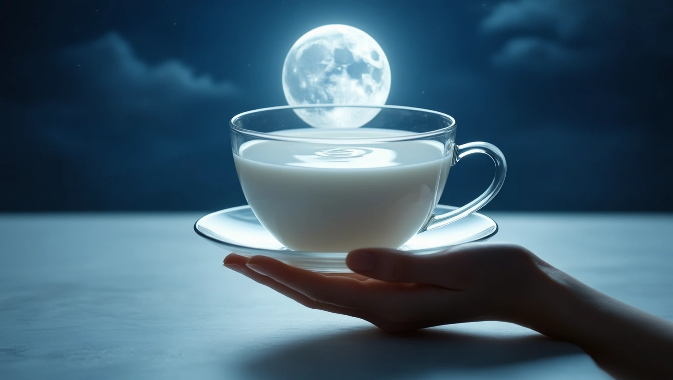 Egy kézben tartott üvegcsésze friss tejjel, háttérben a teliholddal.