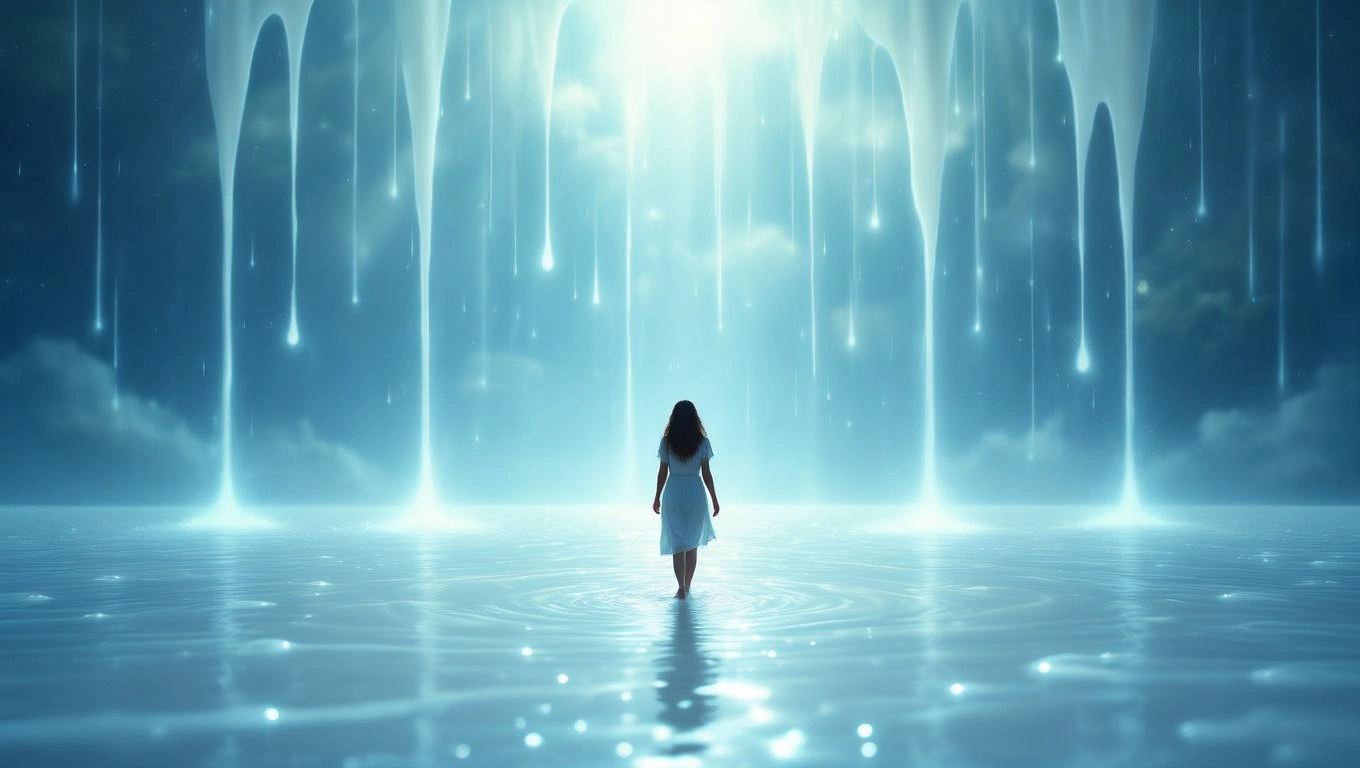 Mit jelent tejről álmodni? – Részletes álomfejtés és értelmezés Egy nő áll egy vízfelület előtt, tejfehér fénycsóvák áramlanak az égből.