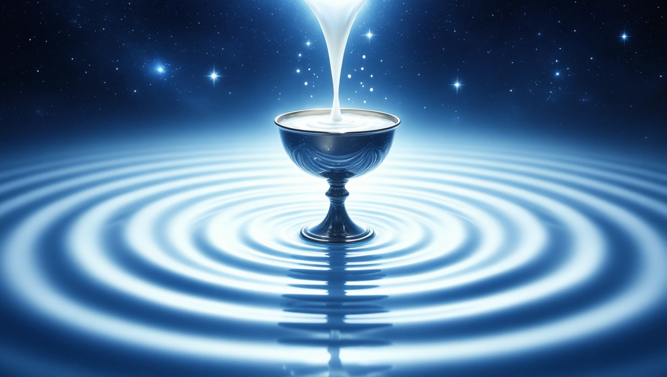 Mit jelent tejről álmodni? – Részletes álomfejtés és értelmezés Egy ezüst színű kupa, amelyből tej ömlik, körülötte vízgyűrűk láthatók.