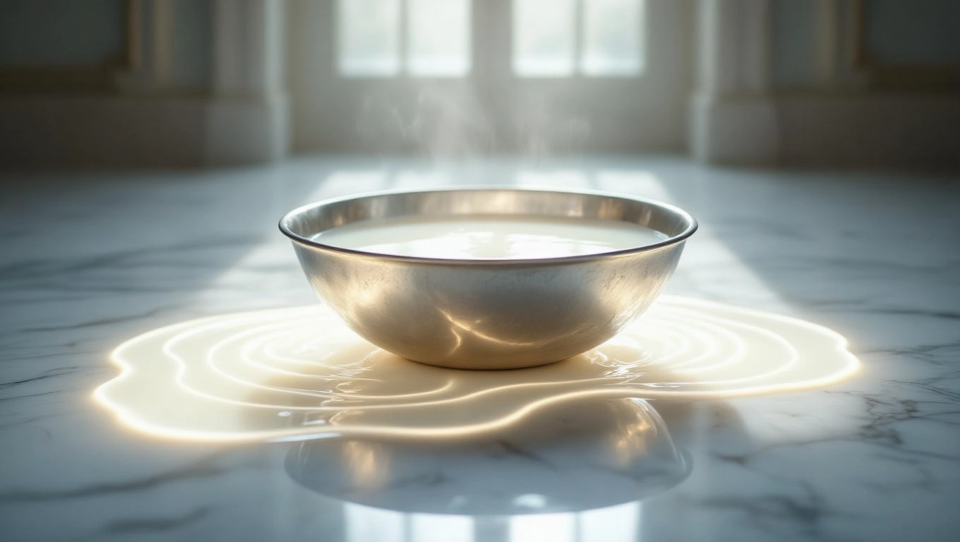 Mit jelent tejről álmodni? – Részletes álomfejtés és értelmezés Egy fém tál friss tejjel, amelyből kifolyik a tej egy márványasztalon.