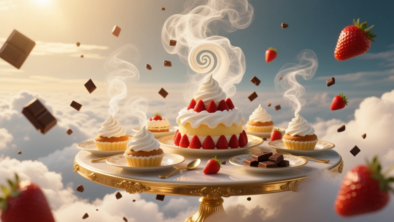 Tejszínhabbal díszített torták és sütemények lebegnek a felhők felett.