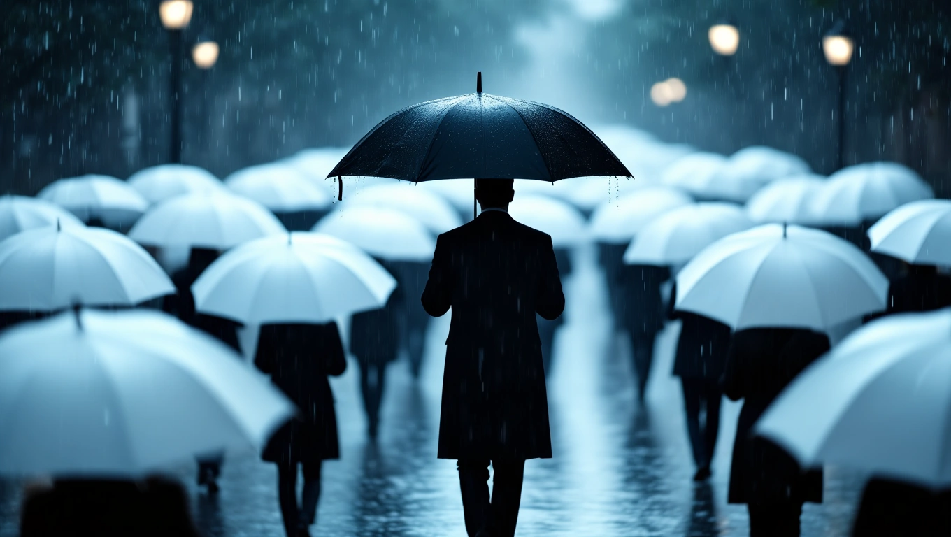 Mit jelent temetéssel álmodni? – Részletes álomfejtés és értelmezés Egy férfi sötét öltönyben áll, fekete esernyőt tartva, mögötte fehér esernyők alatt sétáló emberek.