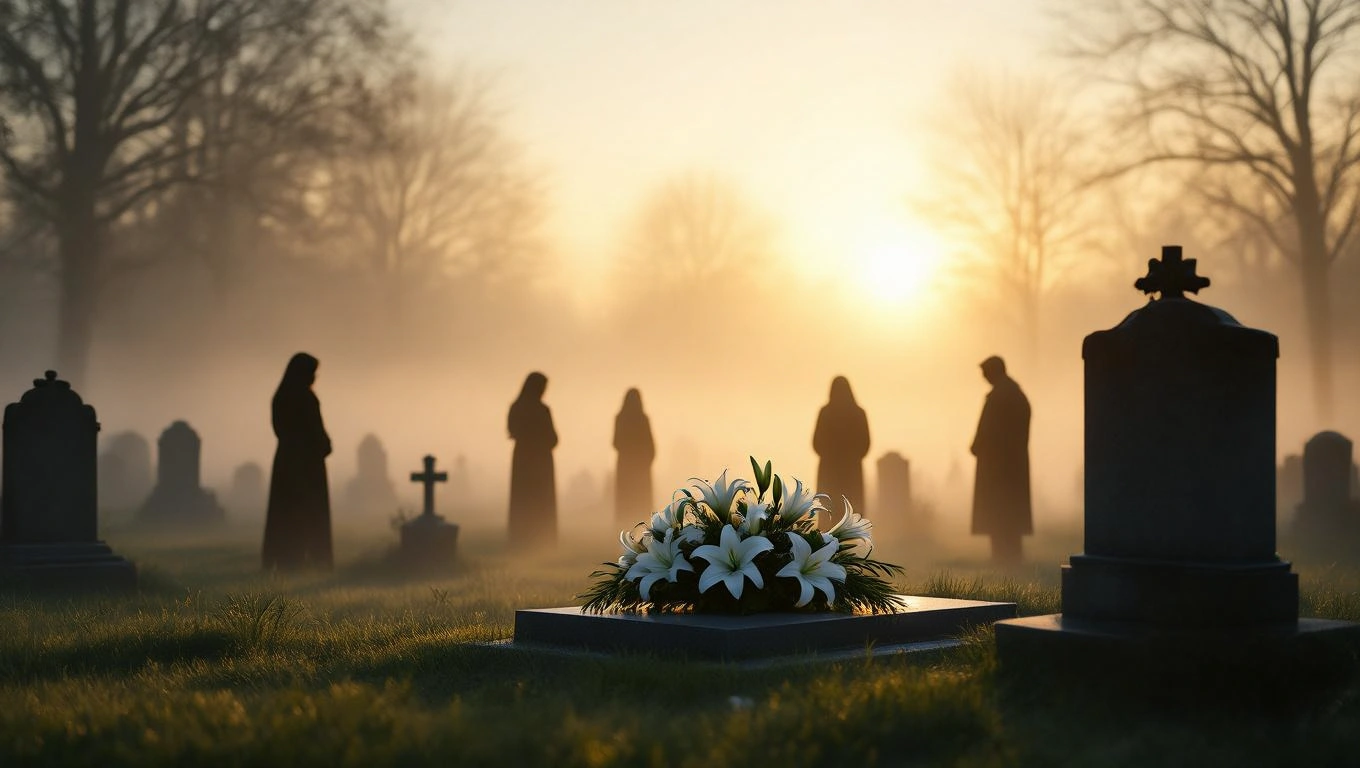 Mit jelent temetéssel álmodni? – Részletes álomfejtés és értelmezés Egy temetőben álló virágcsokor, háttérben homályos alakokkal és napfelkeltével.