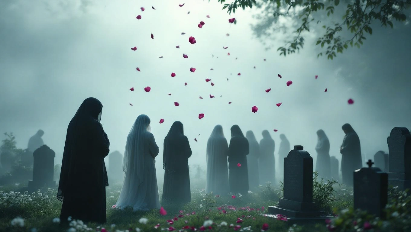 Mit jelent temetéssel álmodni? – Részletes álomfejtés és értelmezés Temetői jelenet, ahol nők állnak, rózsaszirmok hullanak a levegőben.