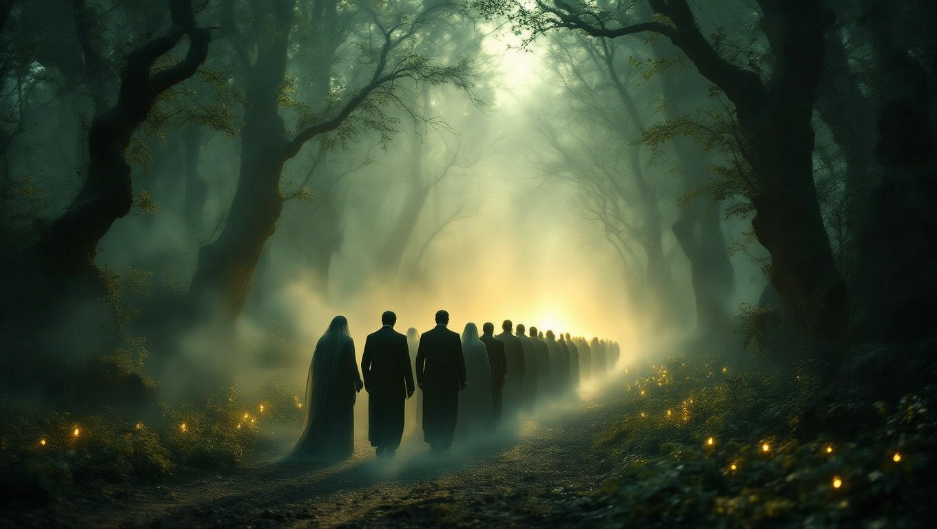 Mit jelent temetéssel álmodni? – Részletes álomfejtés és értelmezés Sötét erdőben haladó emberek, akik egy temetésre tartanak, misztikus hangulatban.