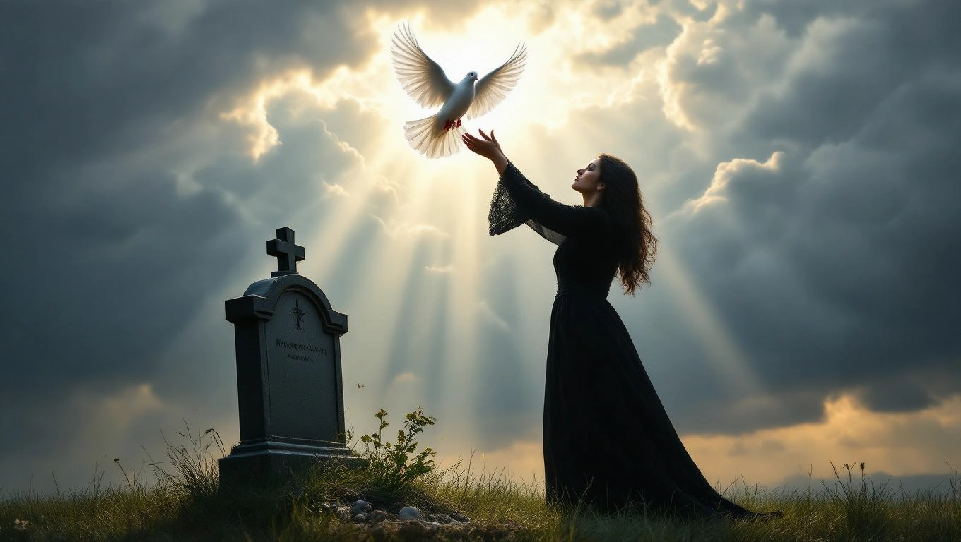 Mit jelent temetéssel álmodni? – Részletes álomfejtés és értelmezés Egy nő fekete ruhában galambot enged szabadon egy sírnál, háttérben felhős ég.