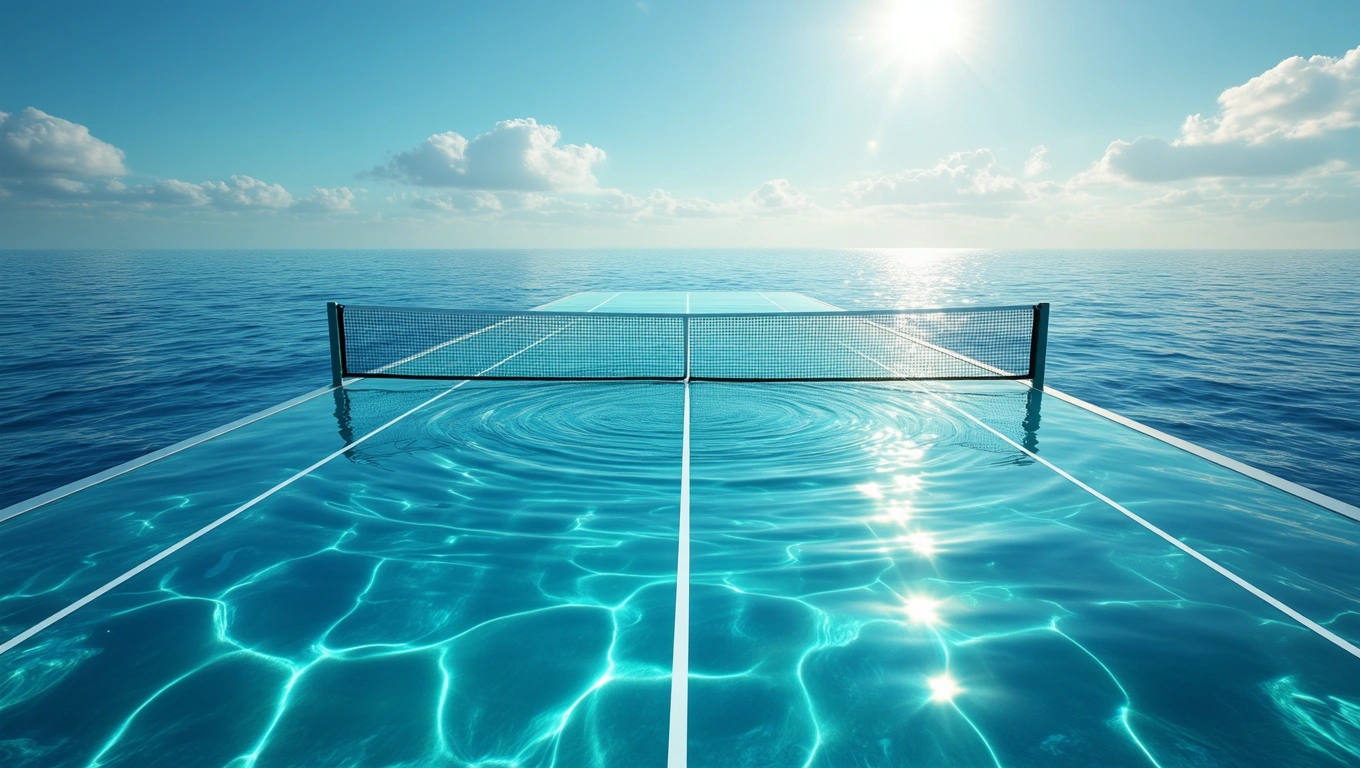 Mit jelent teniszezésről álmodni? – Részletes álomfejtés és értelmezés Egy víz felett lebegő teniszpálya, amely a versengés és az egyensúly szimbóluma.