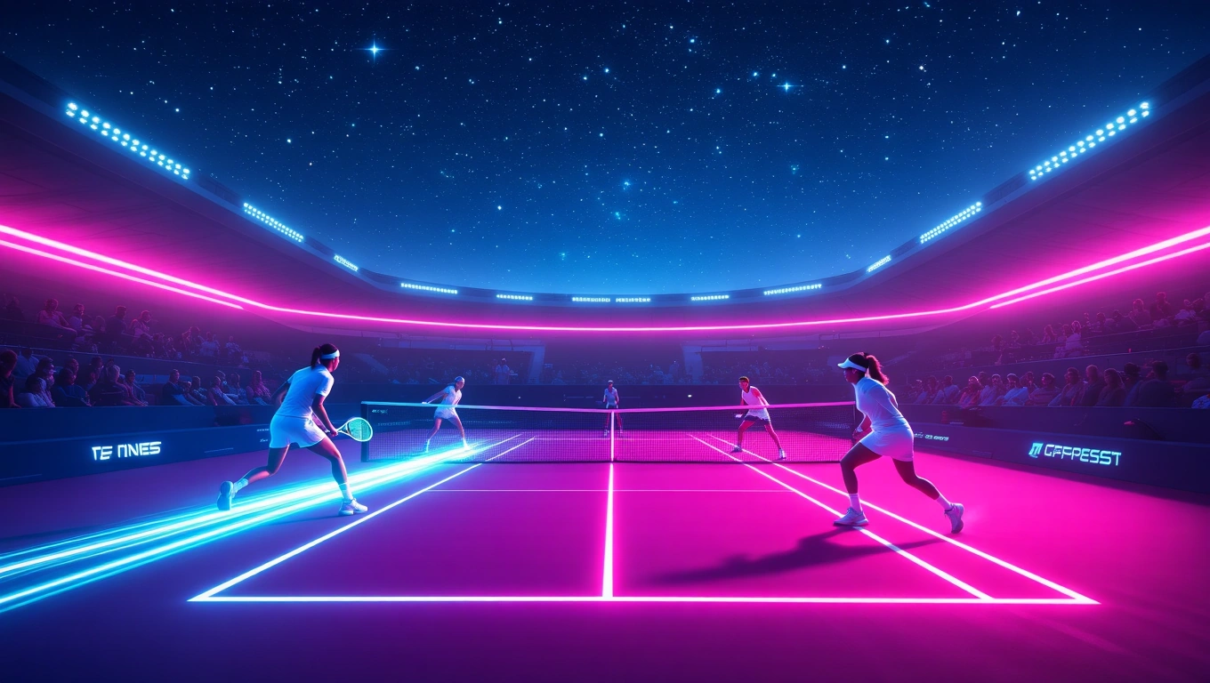 Mit jelent teniszezésről álmodni? – Részletes álomfejtés és értelmezés Két teniszező játszik egy futurisztikus pályán, csillagos ég alatt.