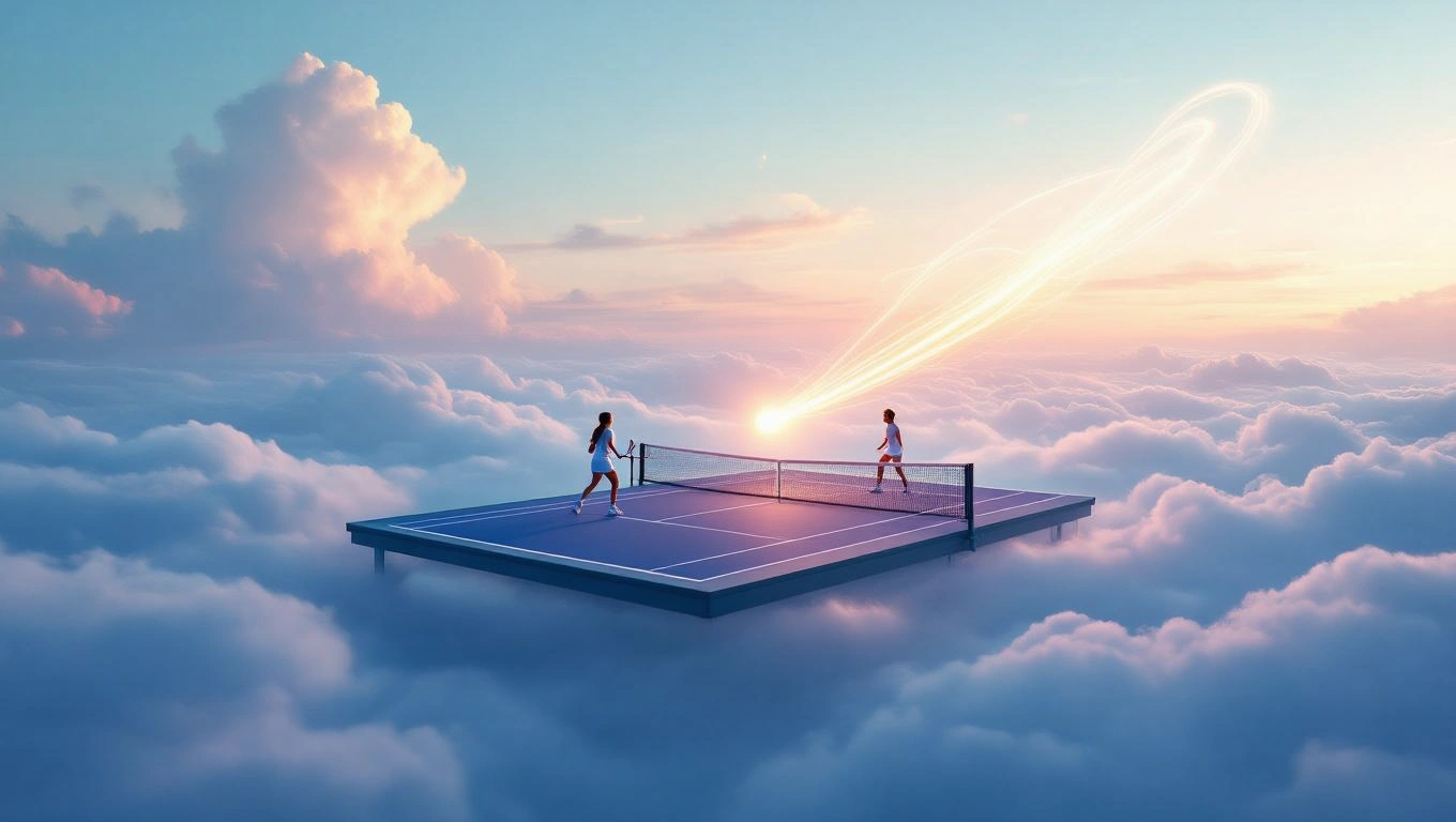 Mit jelent teniszezésről álmodni? – Részletes álomfejtés és értelmezés Két teniszező játszik egy felhők felett lebegő pályán, naplementés háttérrel.