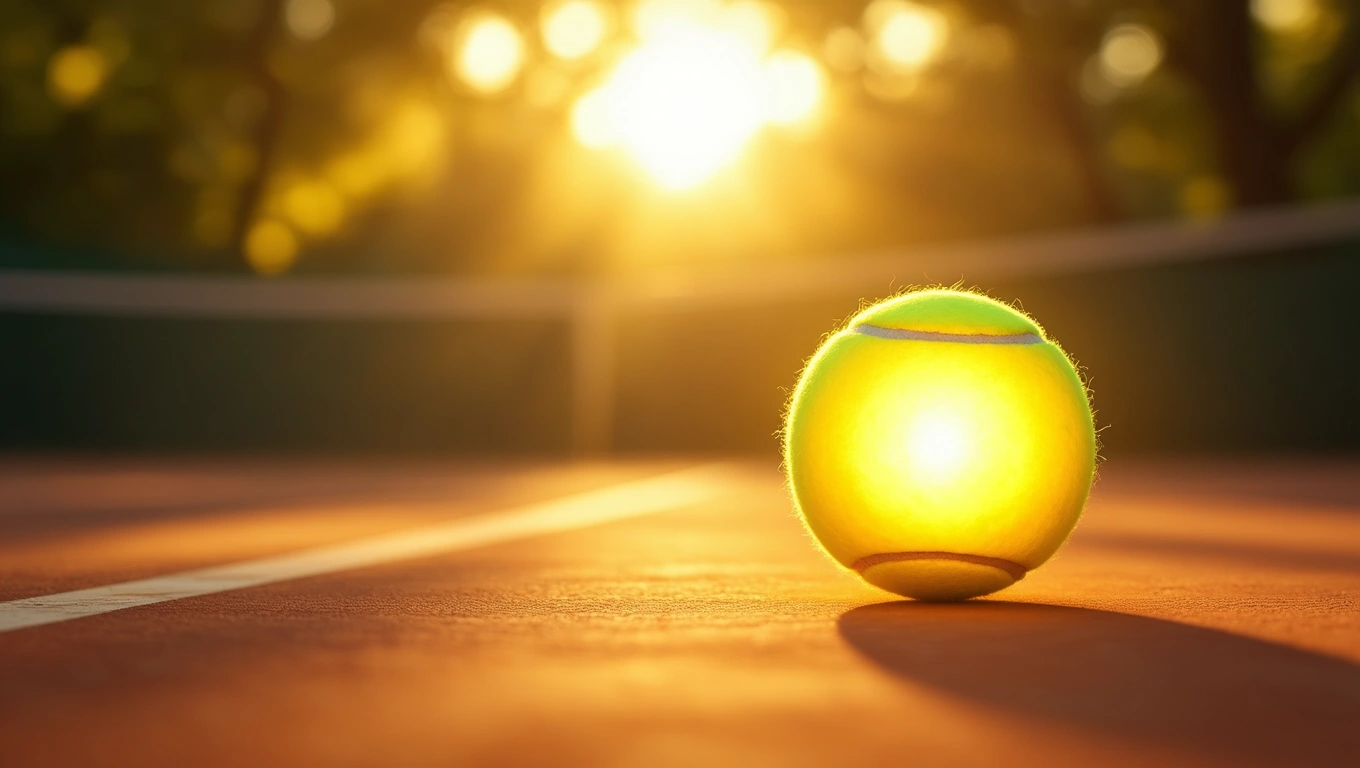 Mit jelent teniszezésről álmodni? – Részletes álomfejtés és értelmezés Egy napfényben ragyogó teniszlabda áll a pályán, háttérben a hálóval.