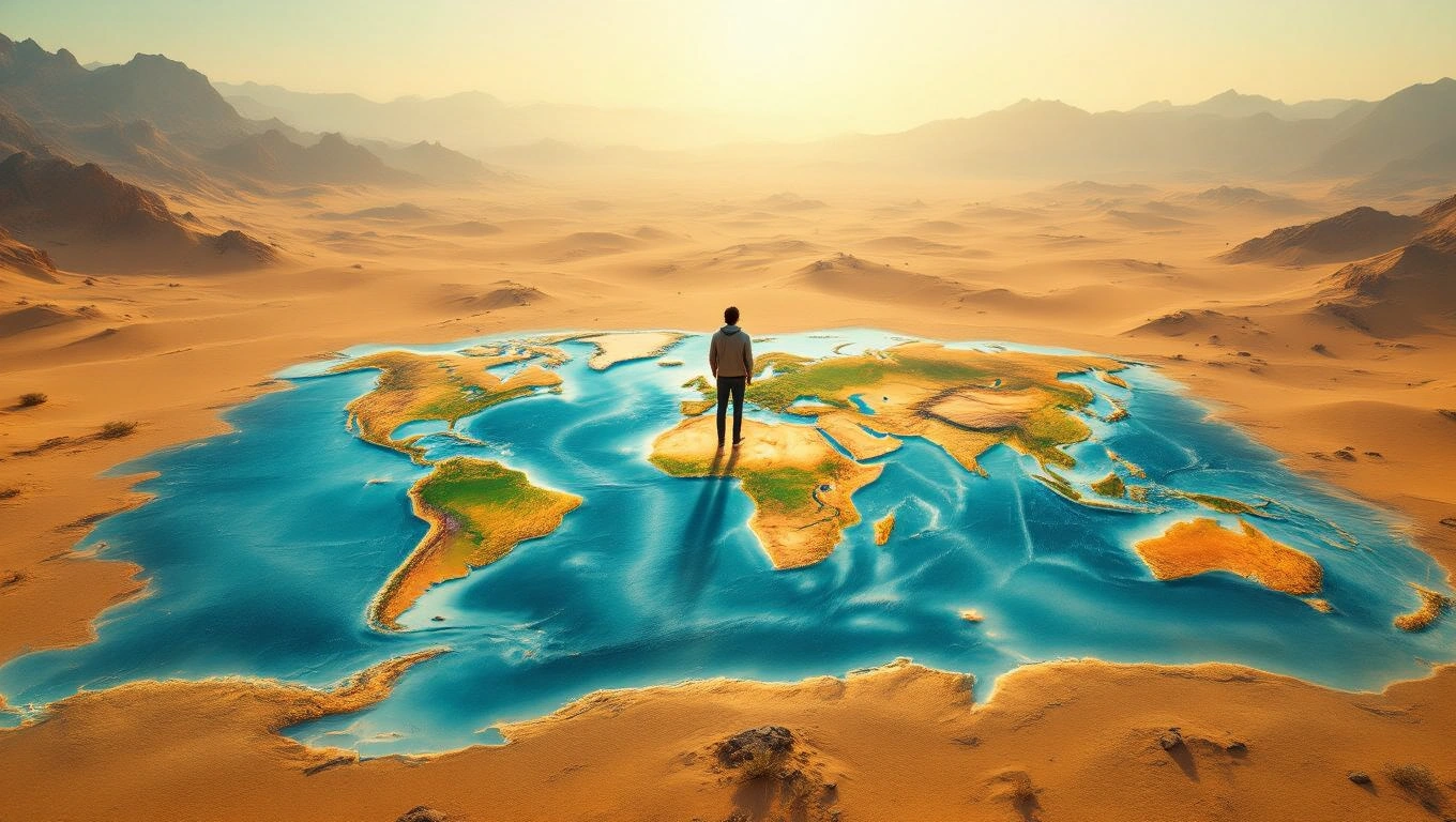 Mit jelent térképpel álmodni? – Részletes álomfejtés és értelmezés Egy ember áll egy hatalmas, homokos tájban elterülő térkép előtt.