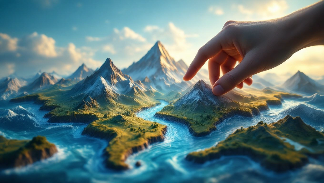 Mit jelent térképpel álmodni? – Részletes álomfejtés és értelmezés Egy kéz érinti a domborzati térképet, hegyek és folyók láthatók rajta.