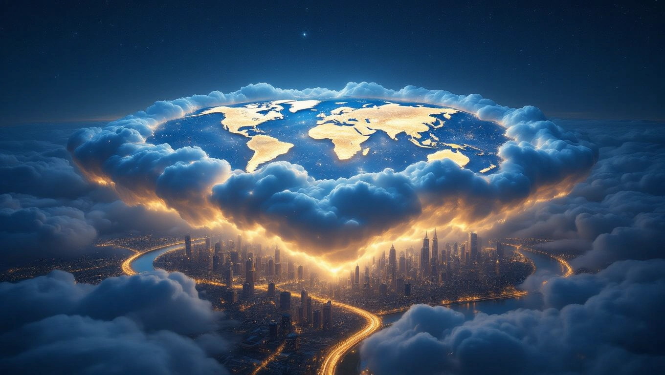 Mit jelent térképpel álmodni? – Részletes álomfejtés és értelmezés Egy térkép lebeg a felhők felett, városok fényei világítanak alatta.