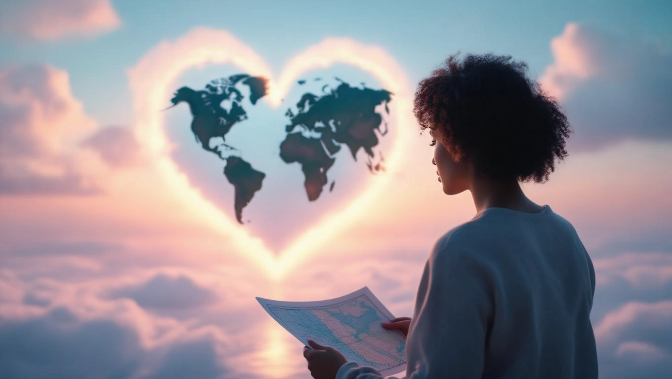 Mit jelent térképpel álmodni? – Részletes álomfejtés és értelmezés Egy nő térképet néz, miközben egy szív alakú világkép lebeg a háttérben.