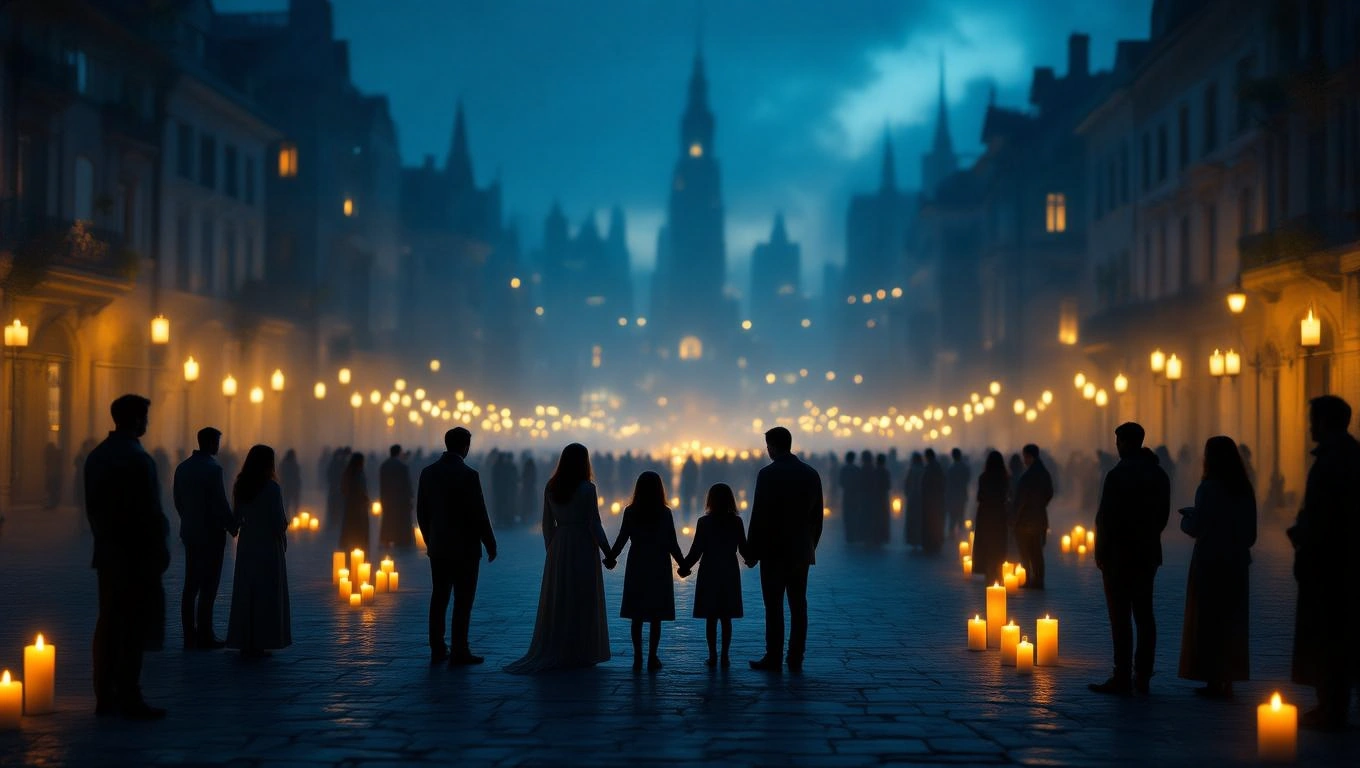 Mit jelent terroristával álmodni? – Részletes álomfejtés és értelmezés Sötét utcán álló emberek, gyertyák világítanak, misztikus hangulatban.