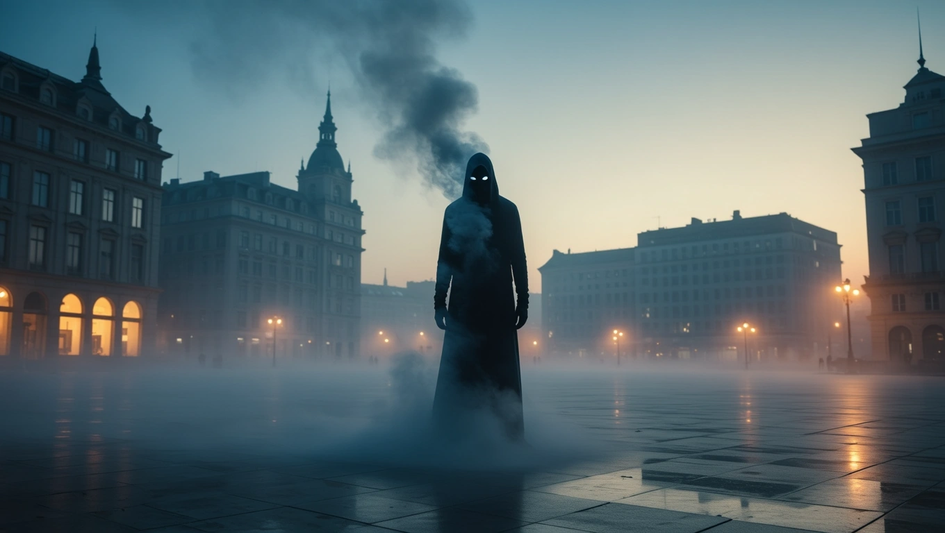 Mit jelent terroristával álmodni? – Részletes álomfejtés és értelmezés Egy sötét köpenyes figura áll egy ködös téren, félelmetes légkört teremtve.