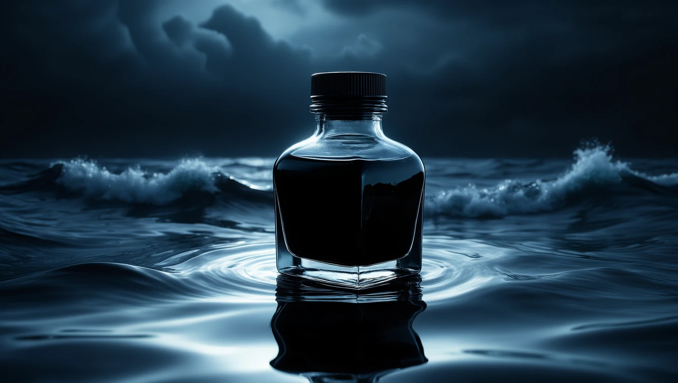 Mit jelent tintatartóval álmodni? – Részletes álomfejtés és értelmezés Egy tintatartó áll a sötét víz felszínén, körülötte hullámok.