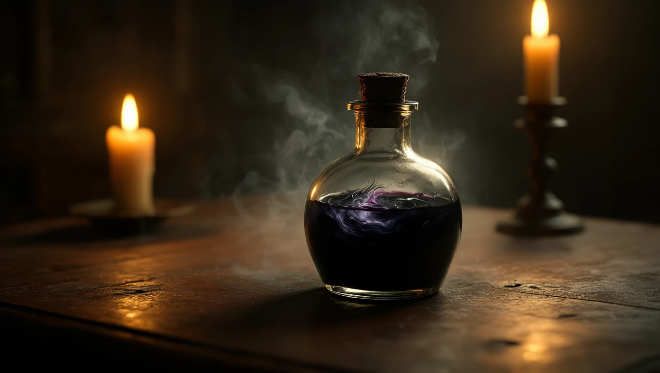 Mit jelent tintatartóval álmodni? – Részletes álomfejtés és értelmezés Egy üveg tintatartó, benne sötétlila tinta, gyertyafény mellett.