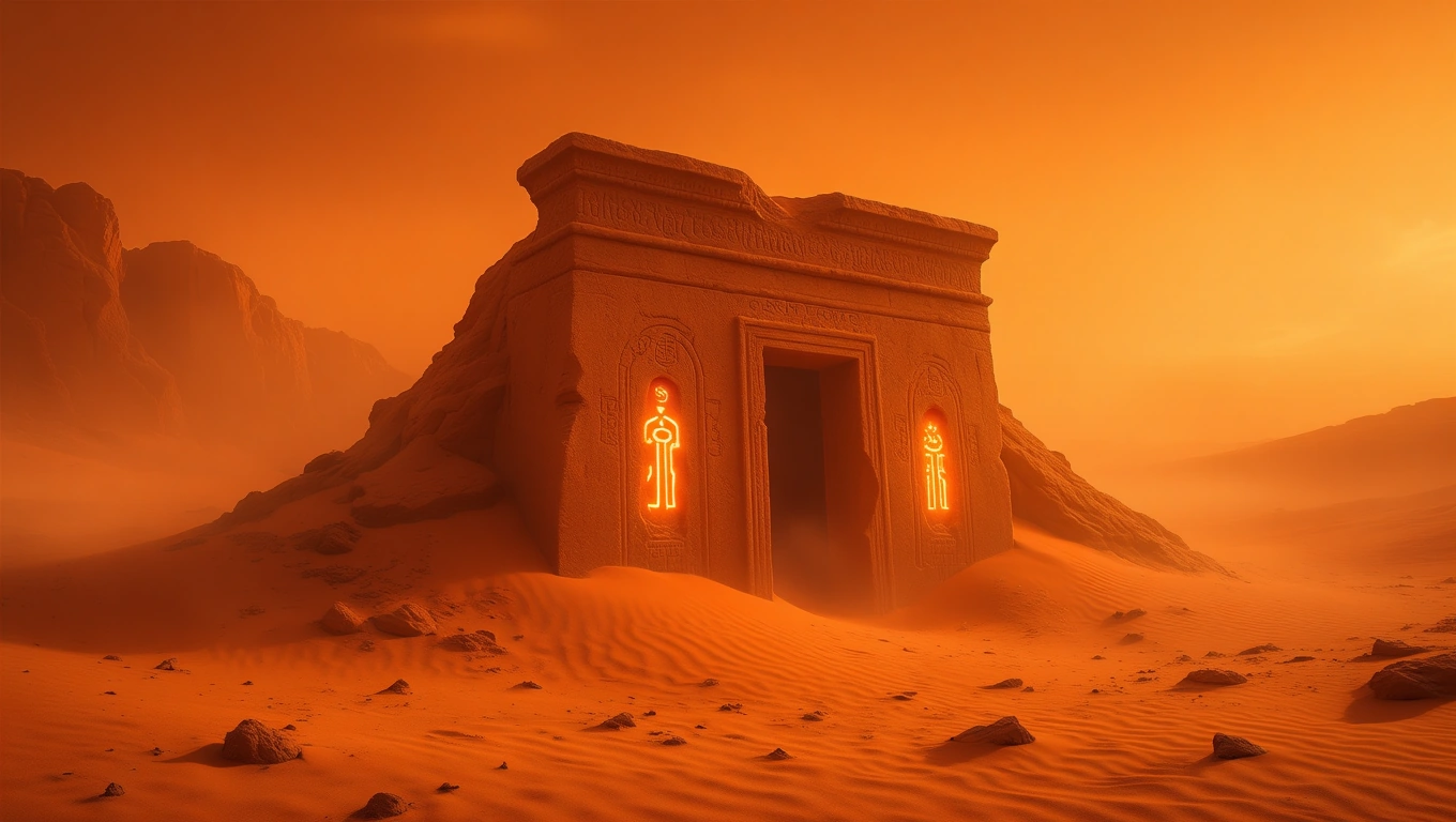 Mit jelent Marsról álmodni? – Részletes álomfejtés és értelmezés Egy titokzatos építmény áll a vöröses Mars felszínén, homokdűnék között.